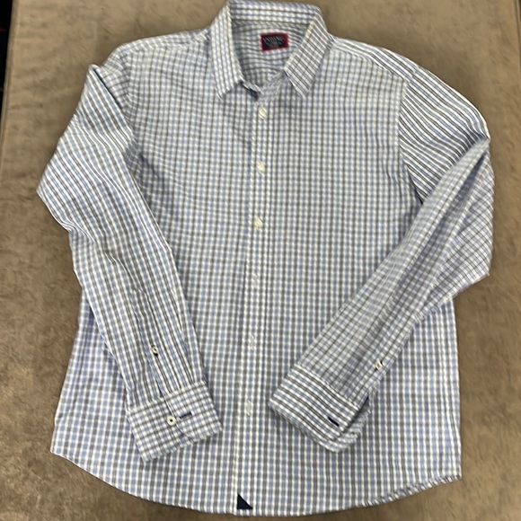 UNTUCKit dress shirt. Mini checker/plaid pattern. Color blue,navy,white. Size L - Picture 1 of 7